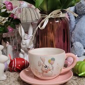 Чашка з блюдцем керамічна 240мл з об'ємним малюнком Веселий кролик  В подарунковій коробці, нова