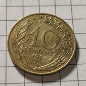 Монета Франції 10 сантимів 1991