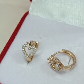 Красивые детские серьги сердечки с короной с фианитами.Позолота 585 пробы 18К.