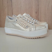 Італійські шкіряні кросівки, жіночі кеди бежеві з золотистим, літо демі, р. 37