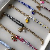 Браслет комбінований твіллі, хустинка, стрічка, ланцюжок, підвіски медзолото