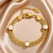 Браслет медзолото сітка, кругла вставка перламутр мушлі, тренд