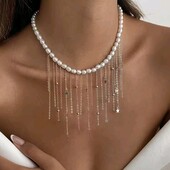 Перлове намисто, кольє, з китицями, підвіски ланцюжки, зірки, кульки