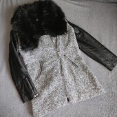 F&f uk10. утеплене комбіноване пальто - косуха з шикарним хутряним коміром