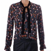 Блузка C&A чорна з оксамитовою зав'язкою та різнокольоровим візерунком, розмір 36 евро