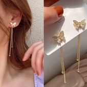 Жіночі сережки з пензликами та кристалами-метеликами, довгі висячі сережки