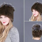 Зимняя теплая шапка из меха кролика рекса и лисы