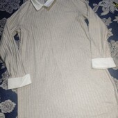 Shein, L бежева светр сукня в широкий рубчик з імітацією сорочки