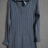 Вязанный длинный свитер, с капюшоном! р.12(46-48)!!