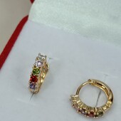 Красивые серьги с разноцветными фианитами. Позолота 585 пробы 18К.