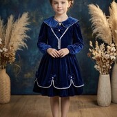 Сукня ошатна дитяча святкова велюрова синя з мереживом та бантами